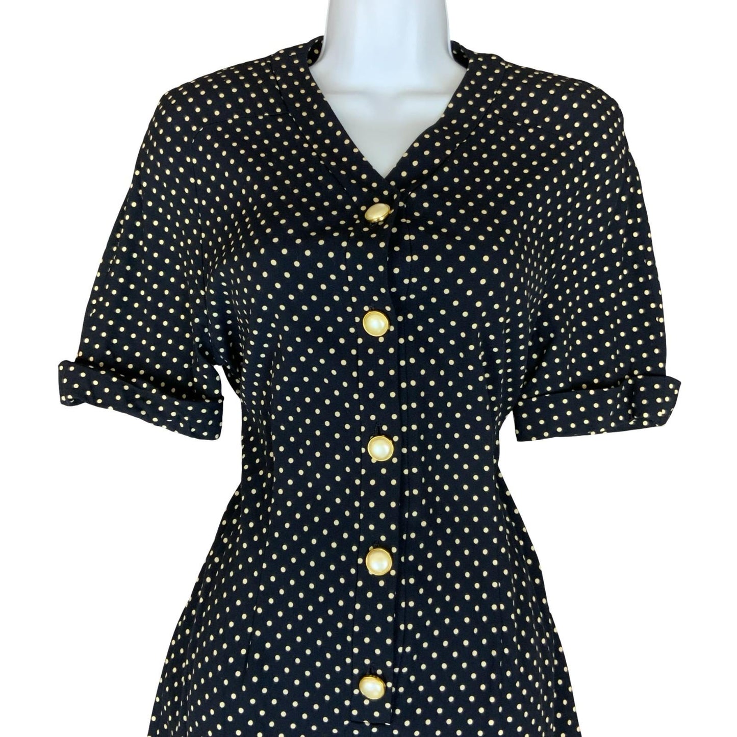80s Luisa Spangoli Black White Polka Dot Pearl Button Glam Shirt Dress M UK 10