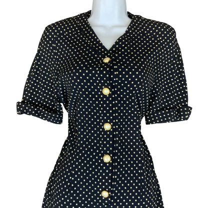 80s Luisa Spangoli Black White Polka Dot Pearl Button Glam Shirt Dress M UK 10