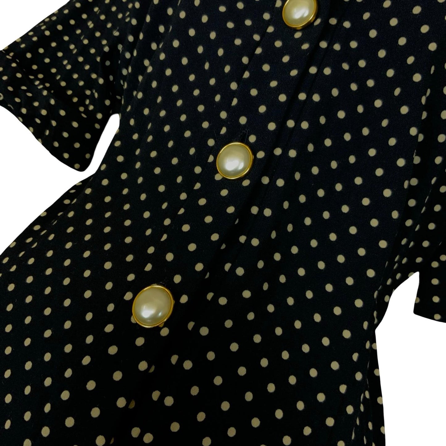 80s Luisa Spangoli Black White Polka Dot Pearl Button Glam Shirt Dress M UK 10