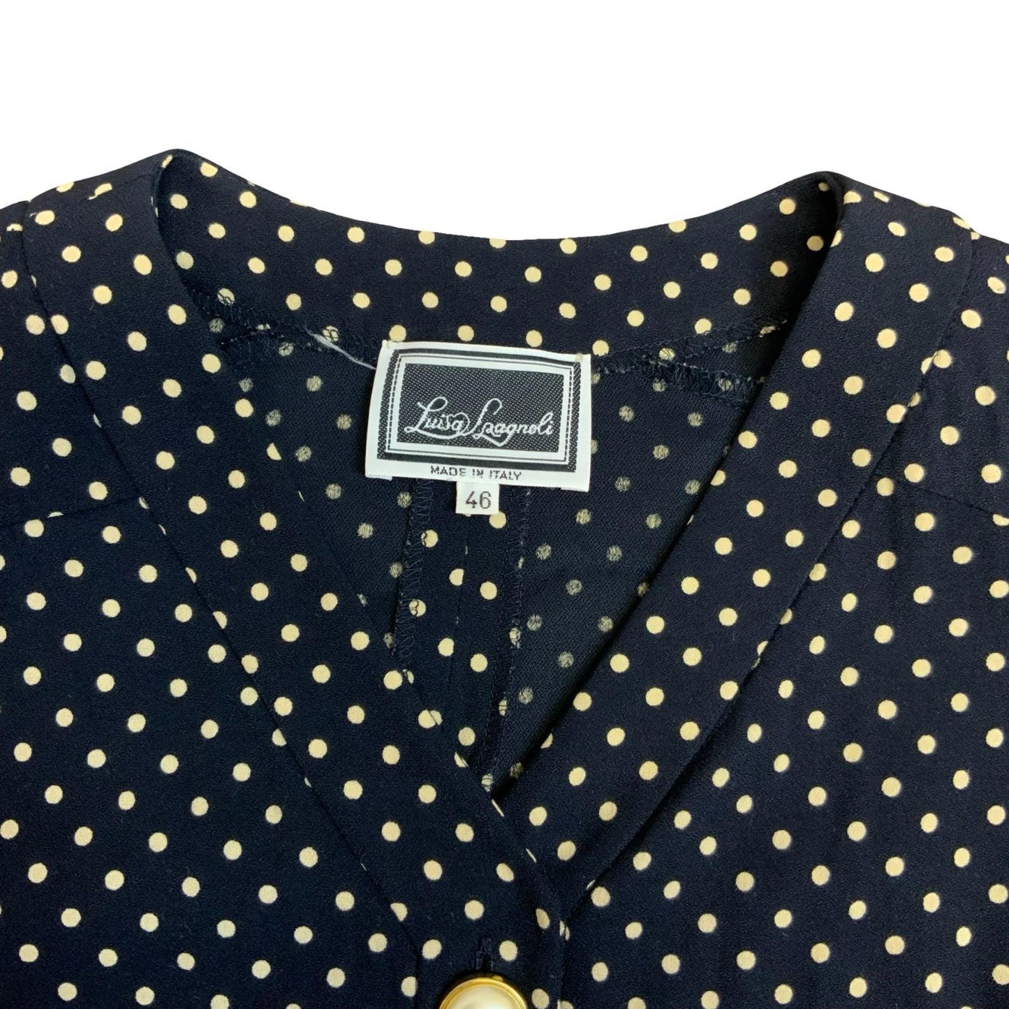 80s Luisa Spangoli Black White Polka Dot Pearl Button Glam Shirt Dress M UK 10