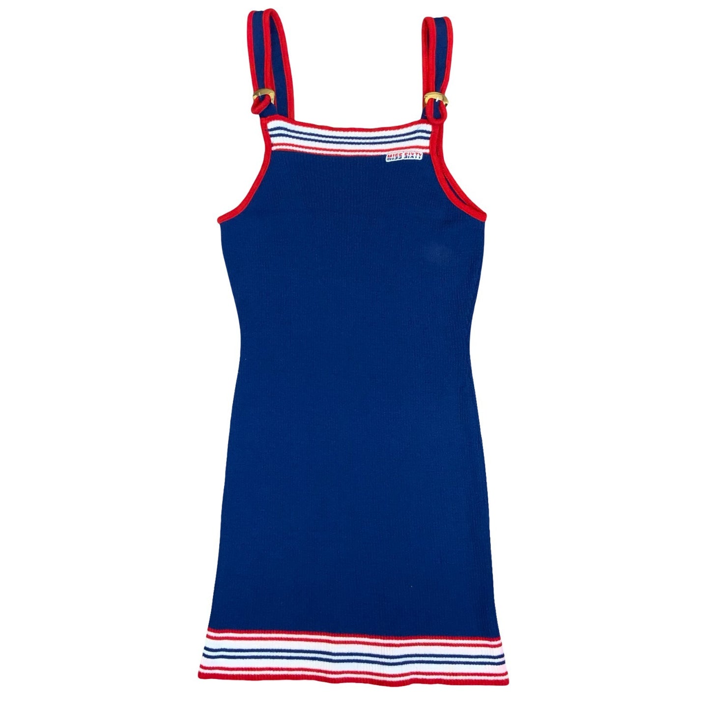 Vtg RARE Early 90s Miss Sixty Blue Red White Stripe Strappy Knit Mini Dress XS