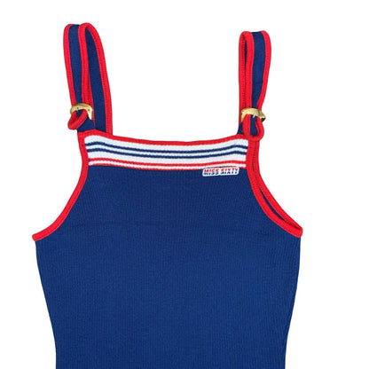 Vtg RARE Early 90s Miss Sixty Blue Red White Stripe Strappy Knit Mini Dress XS