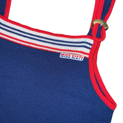 Vtg RARE Early 90s Miss Sixty Blue Red White Stripe Strappy Knit Mini Dress XS