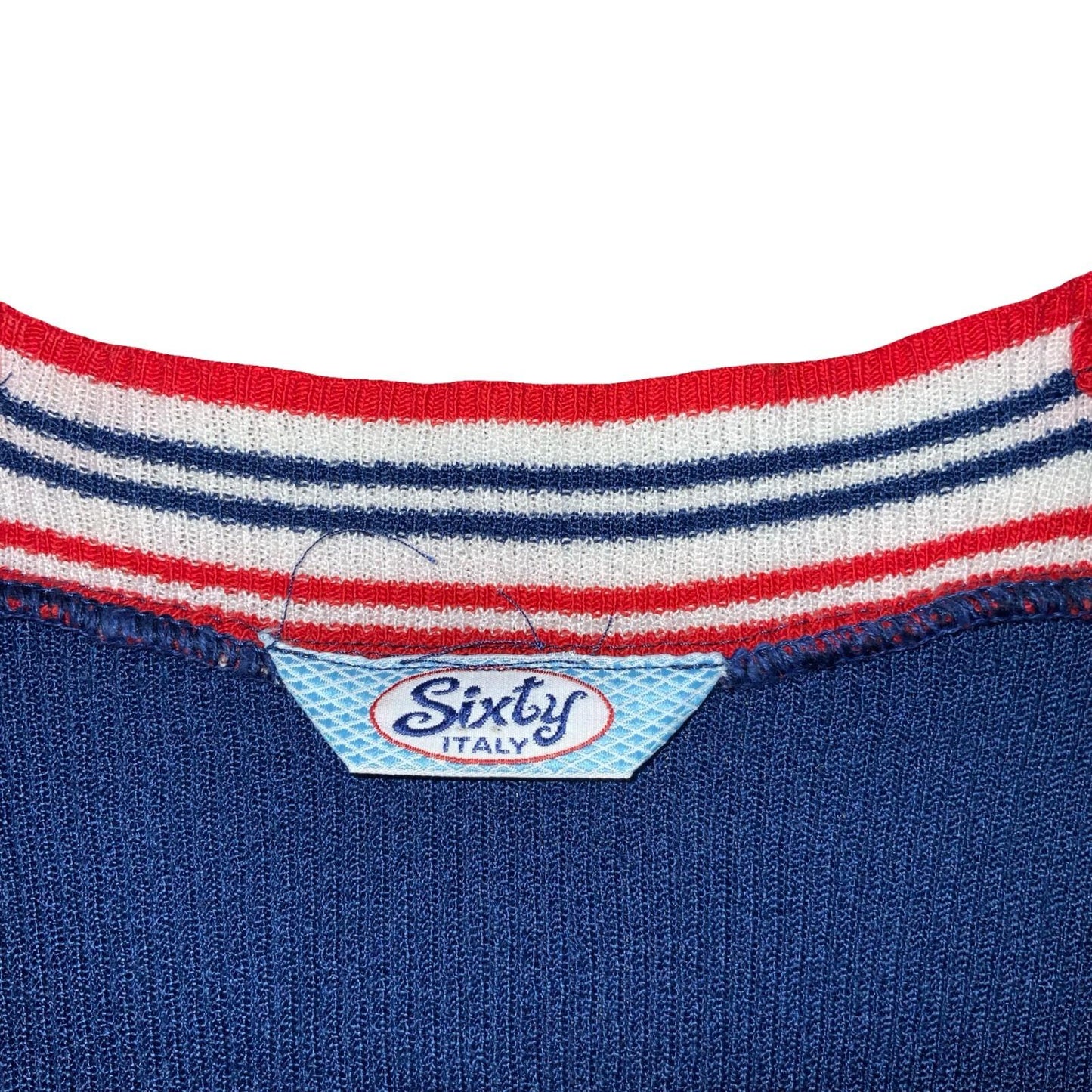 Vtg RARE Early 90s Miss Sixty Blue Red White Stripe Strappy Knit Mini Dress XS