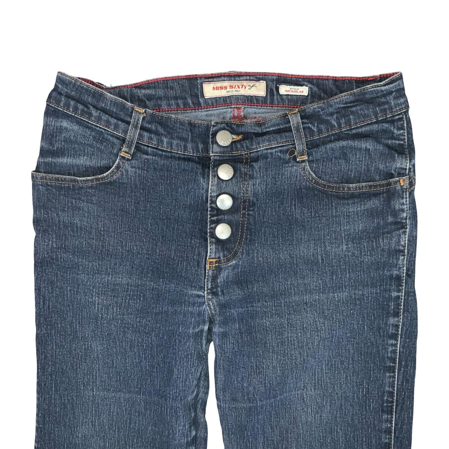 90s Y2K Miss Sixty Nikolas Blue Low-Rise Snap Button Flare Jeans W27" L31" UK 8