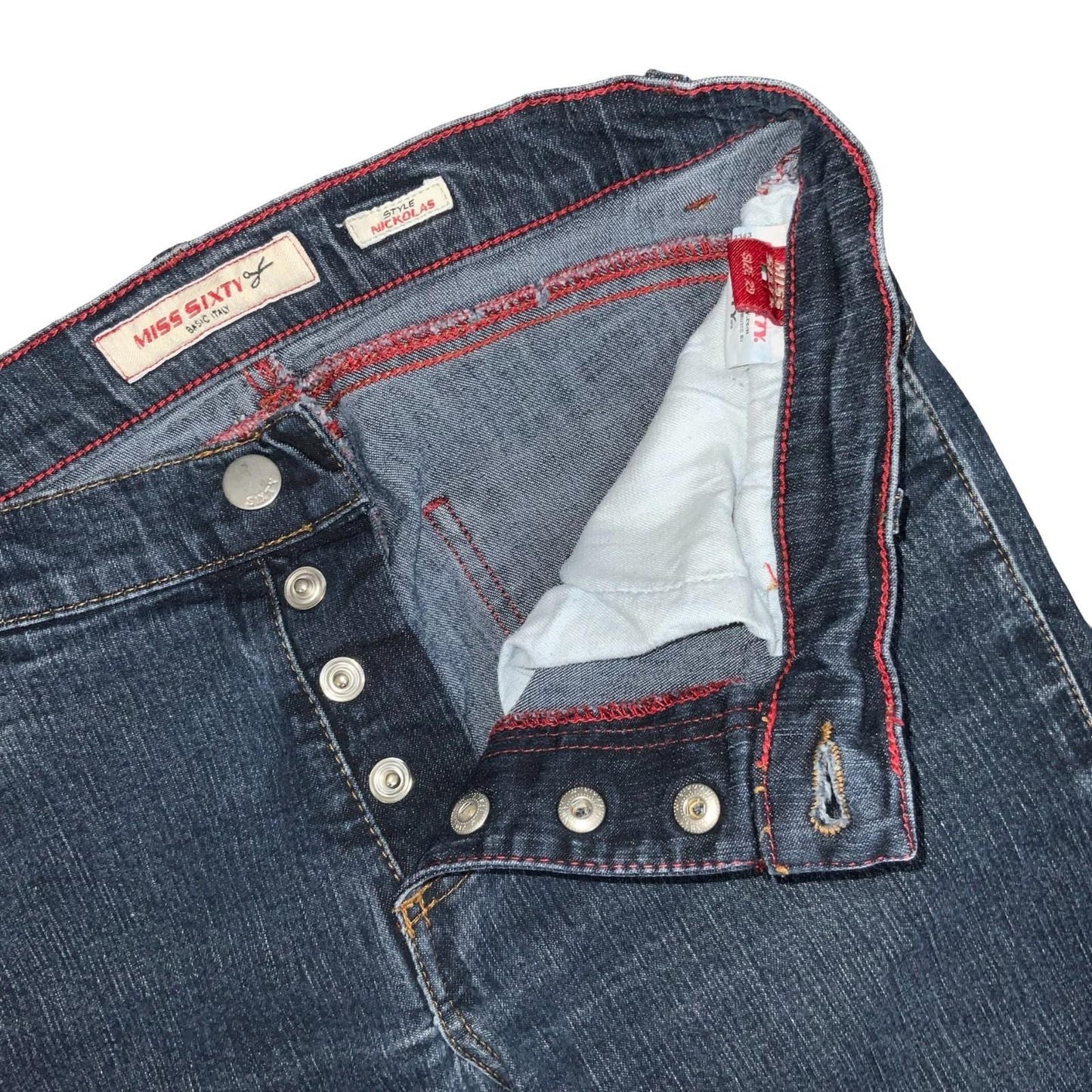 90s Y2K Miss Sixty Nikolas Blue Low-Rise Snap Button Flare Jeans W27" L31" UK 8