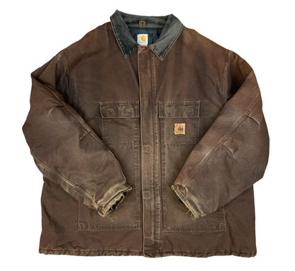 Vtg Carhartt Brown Duck Canvas Heavy Workwear Jacket Quilt Lined Distressed 4XL
