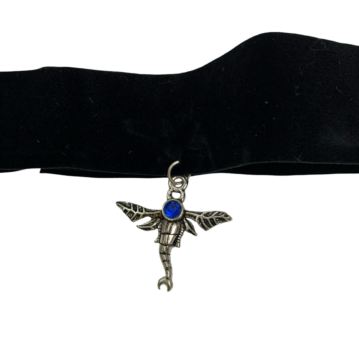 Vintage Deadstock 90s Y2K Silver Dragonfly Blue Stone Grunge Gothic Black Choker