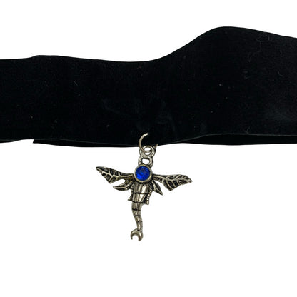 Vintage Deadstock 90s Y2K Silver Dragonfly Blue Stone Grunge Gothic Black Choker