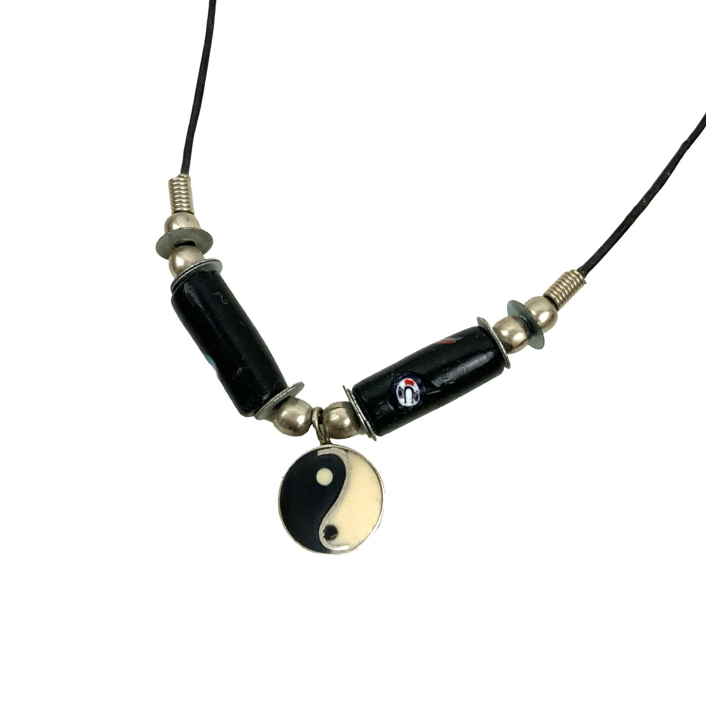 Vintage Deadstock 90s Y2K Black Yin Yang Surf Skate Beaded Thong Necklace