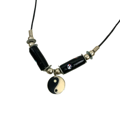 Vintage Deadstock 90s Y2K Black Yin Yang Surf Skate Beaded Thong Necklace