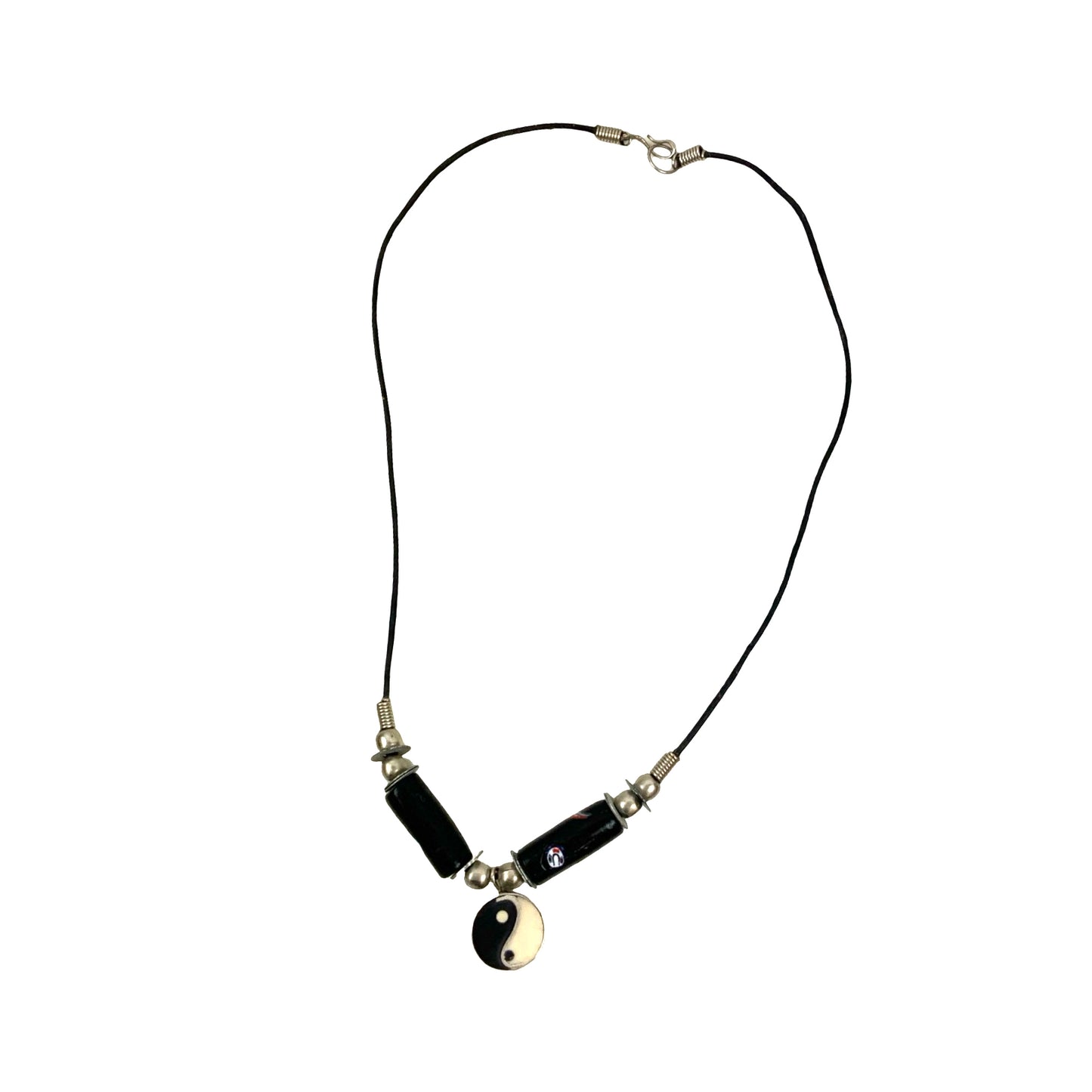 Vintage Deadstock 90s Y2K Black Yin Yang Surf Skate Beaded Thong Necklace