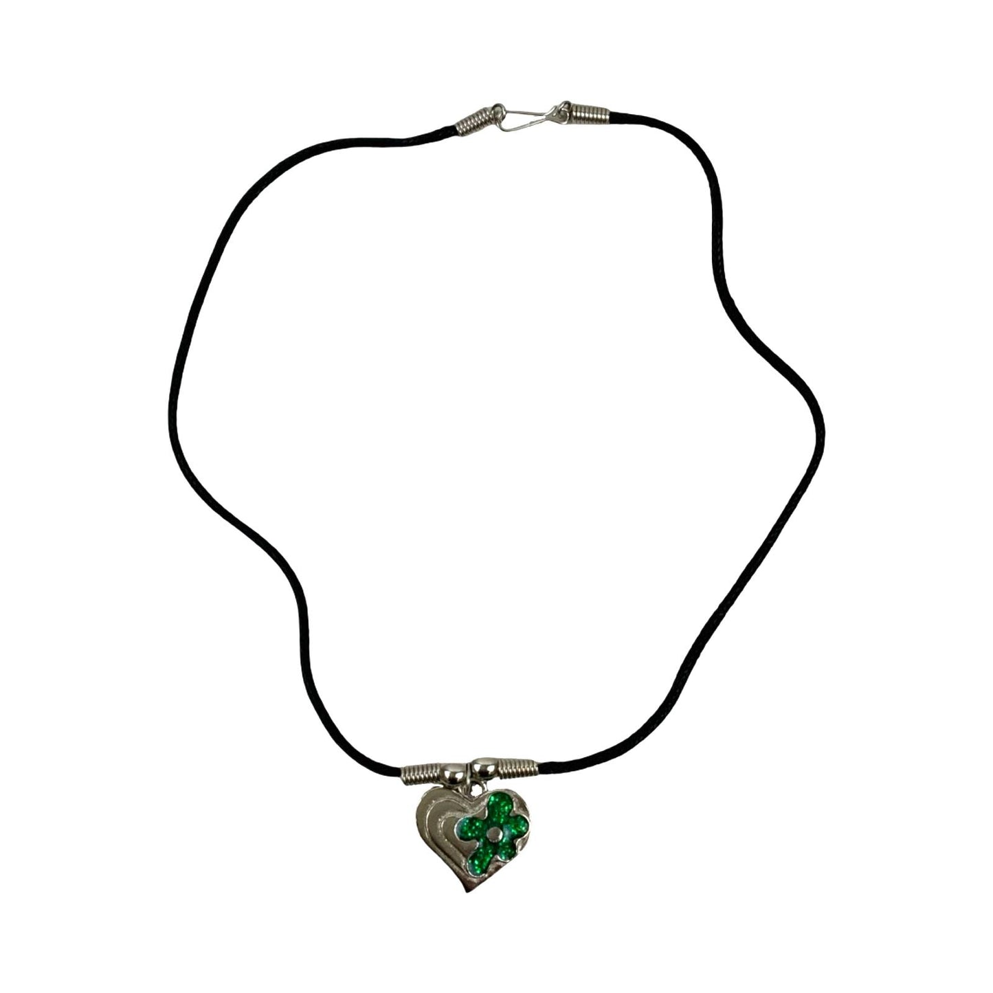 Vintage Deadstock  90s Y2K  Silver Heart Green Flower Thong Necklace