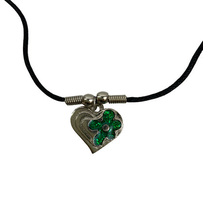 Vintage Deadstock  90s Y2K  Silver Heart Green Flower Thong Necklace