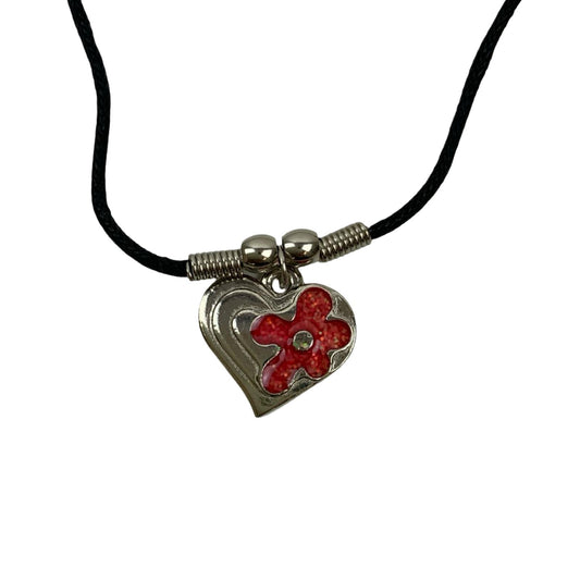 Vintage Deadstock 90s Y2K Silver Heart Red Flower Thong Necklace
