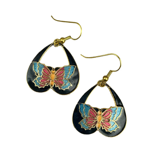 VTG 90S BLACK BLUE RED ORANGE BUTTERFLY ENAMEL CLOISONNE DROP EARRINGS ENV1
