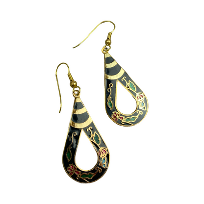 VTG 90S BLACK GOOD GREEN ART DECO FLORAL GEOMETRIC TEARDROP ENAMEL EARRINGS ENV9