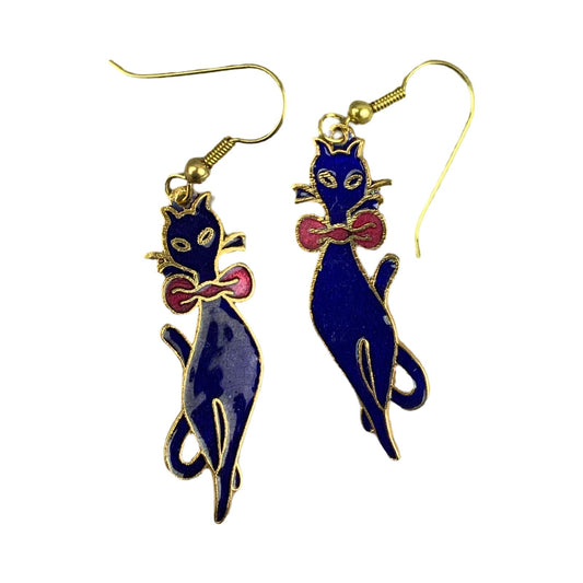 VTG 90S DOES 60S NAVY GOLD  RED ART NOUVEAU CAT ENAMEL DROP EARRINGS ENV10