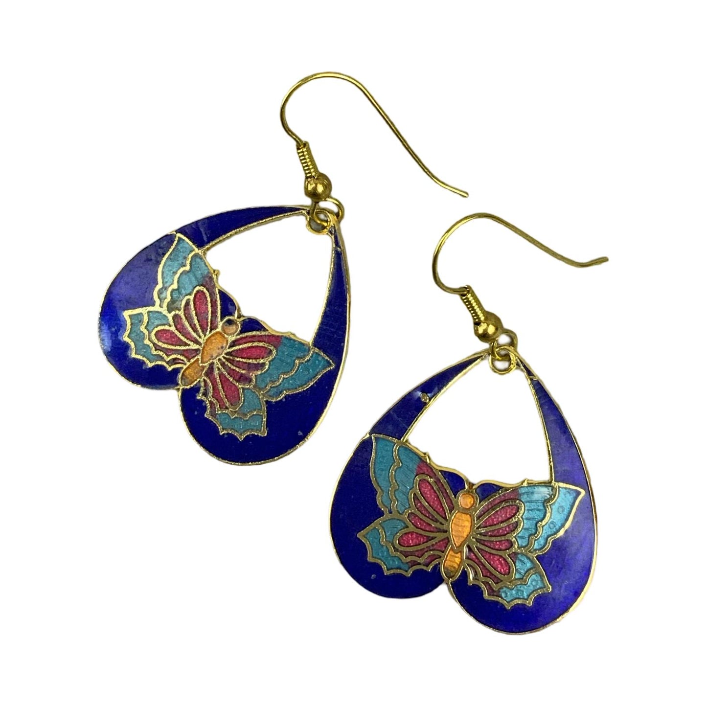VTG 90S NAVY BLUE RED ORANGE ENAMEL BUTTERFLY CLOISONNE DROP EARRINGS ENV1