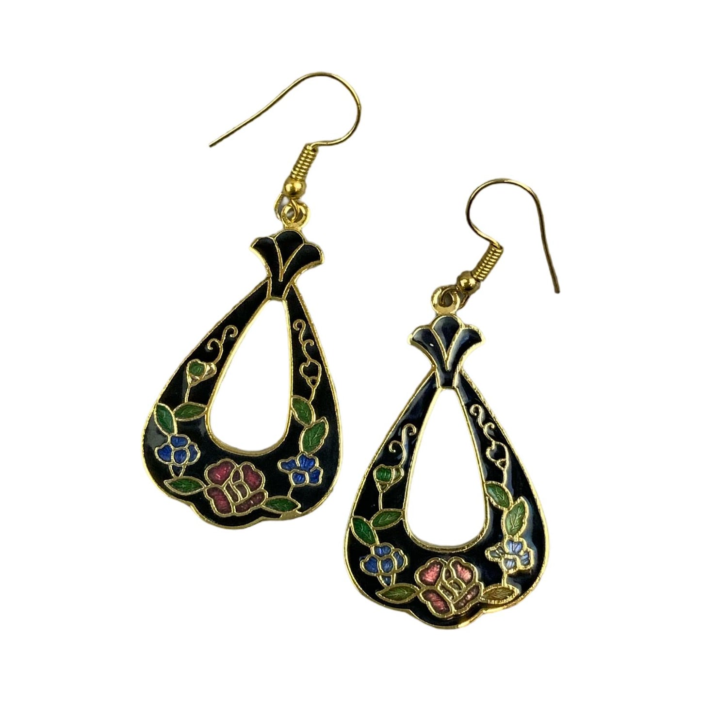 VTG 90S DOES 70S BLACK PINK GOLD FLORAL ART DECO ENAMEL HOOK EARRINGS ENV15
