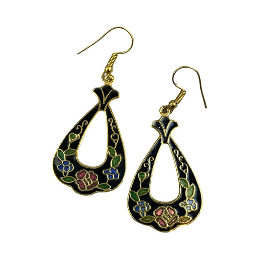 VTG 90S DOES 70S BLACK PINK GOLD FLORAL ART DECO ENAMEL HOOK EARRINGS ENV15