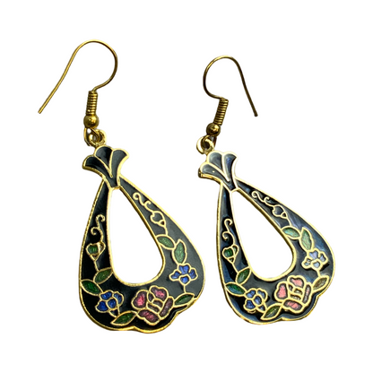 VTG 90S DOES 70S BLACK PINK GOLD FLORAL ART DECO ENAMEL HOOK EARRINGS ENV15