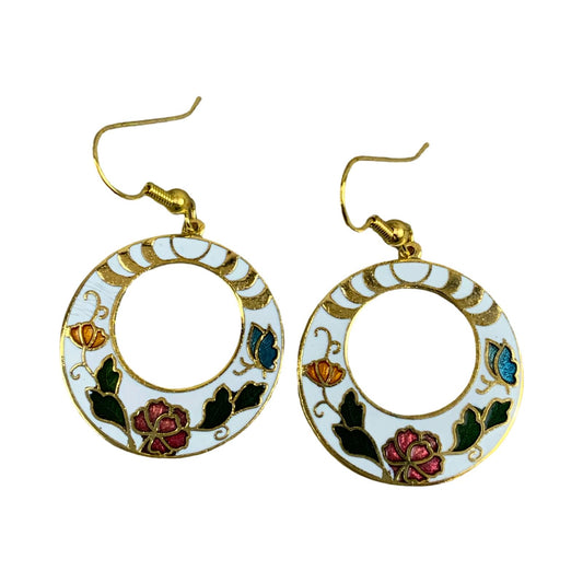 VTG 90S WHITE GOLD PINK GREEN FLORAL ART DECO ENAMEL GEOMETRIC EARRINGS ENV11