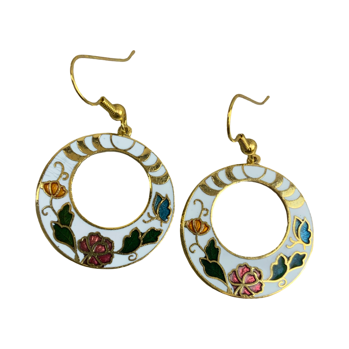VTG 90S WHITE GOLD PINK GREEN FLORAL ART DECO ENAMEL GEOMETRIC EARRINGS ENV11