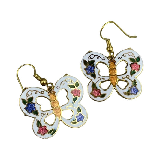 VTG 90S WHITE PINK GOLD BLUE BUTTERFLY ART DECO ENAMEL DANGLE EARRINGS ENV14