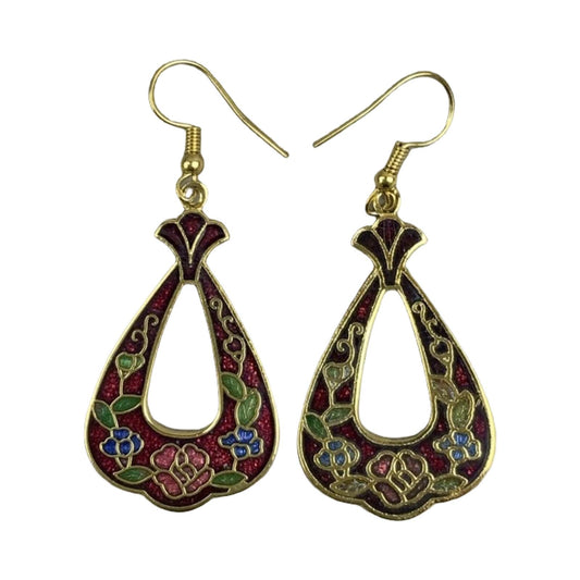 VTG 90S DOES 70S RED GOLD PINK GREEN ART DECO FLORAL ENAMEL HOOK EARRINGS ENV15