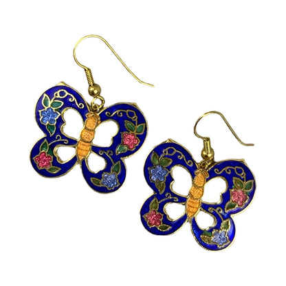VTG 90S NAVY BLUE GOLD PINK ORANGE BUTTERFLY ART DECO ENAMEL DROP EARRINGS ENV14