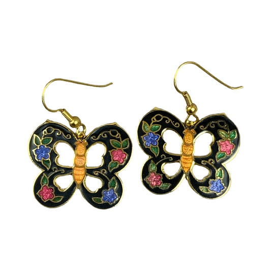 VTG 90S BUTTERFLY BLACK GOLD PINK BLUE ENAMEL ART DECO FLORAL EARRINGS ENV14