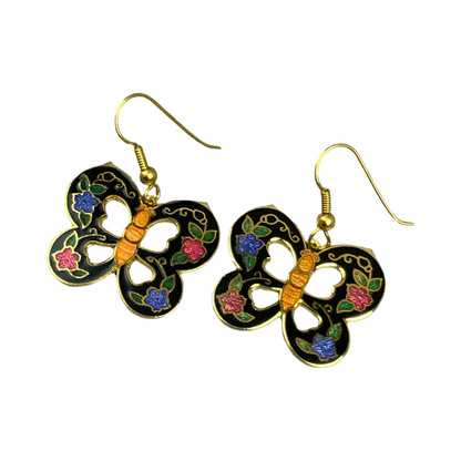 VTG 90S BUTTERFLY BLACK GOLD PINK BLUE ENAMEL ART DECO FLORAL EARRINGS ENV14