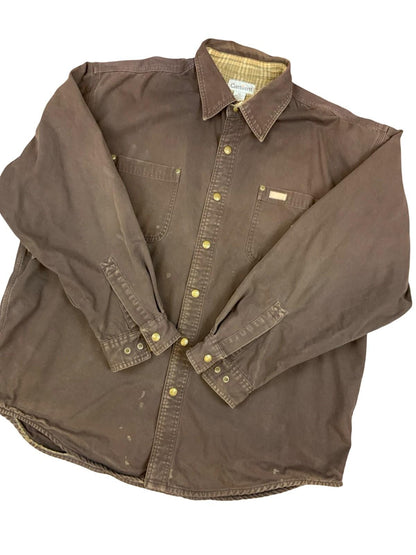 Vtg Carhartt Chocolate Brown Duck Canvas Lined Workwear Shirt Distressed XXL