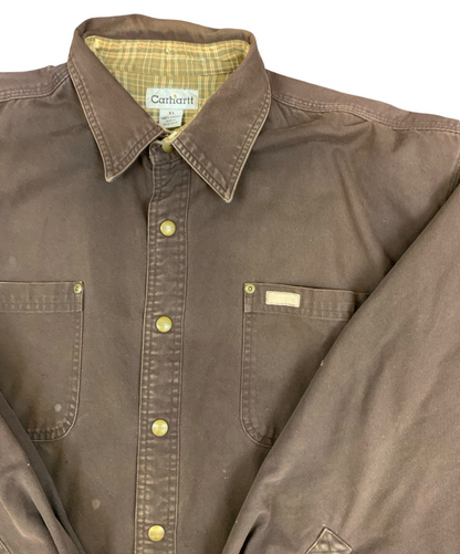 Vtg Carhartt Chocolate Brown Duck Canvas Lined Workwear Shirt Distressed XXL