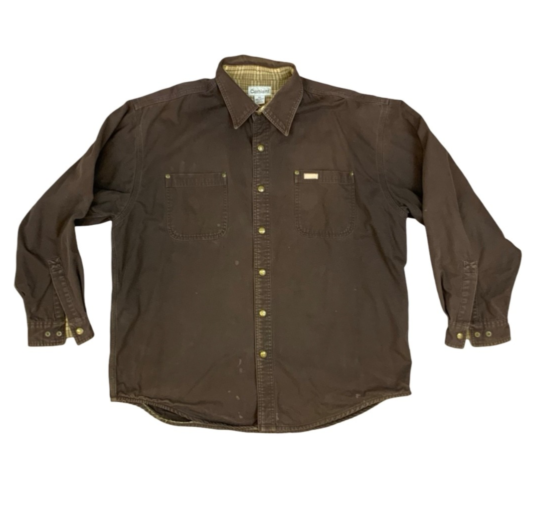 Vtg Carhartt Chocolate Brown Duck Canvas Lined Workwear Shirt Distressed XXL