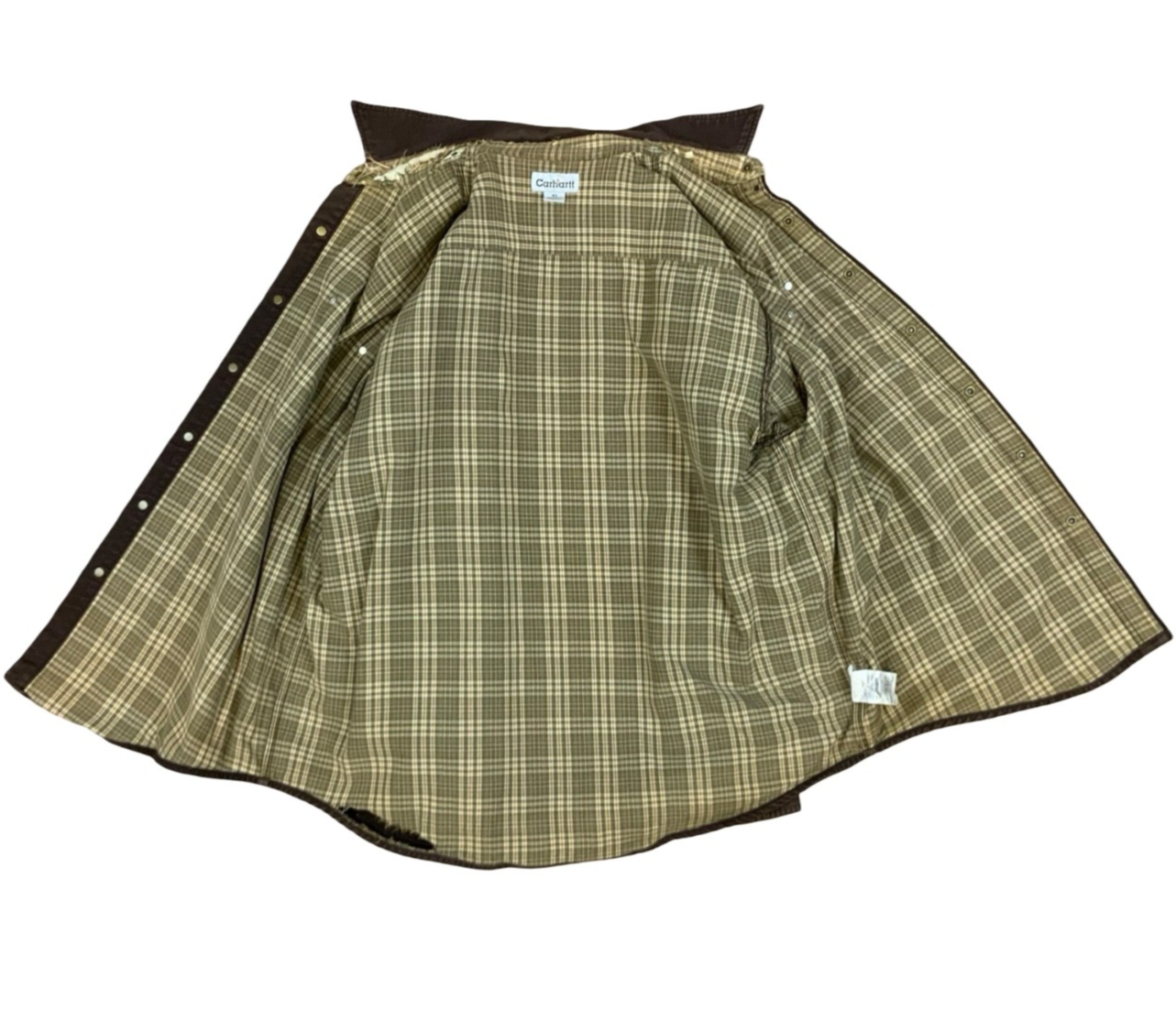 Vtg Carhartt Chocolate Brown Duck Canvas Lined Workwear Shirt Distressed XXL