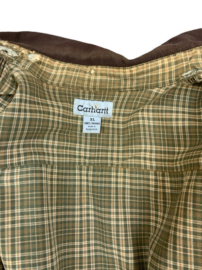 Vtg Carhartt Chocolate Brown Duck Canvas Lined Workwear Shirt Distressed XXL