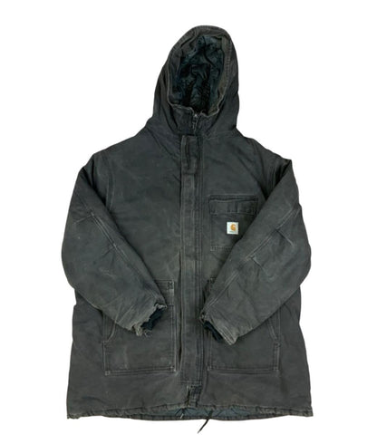 Vtg Faded Black Carhartt Heavy Duck Canvas Hooded Workwear Jacket Distressed 3XL