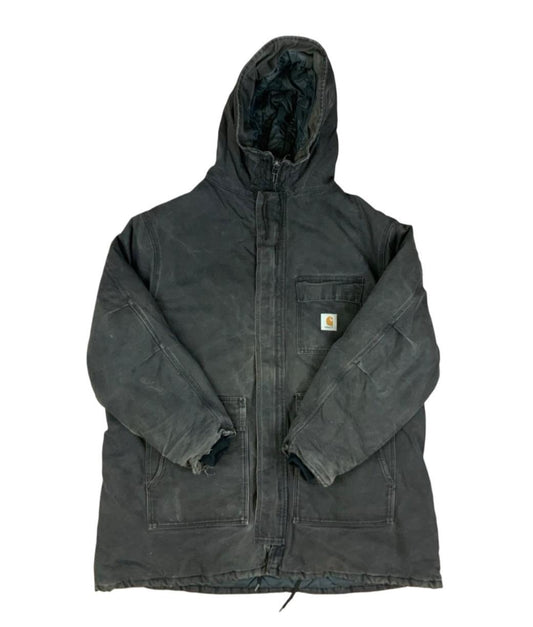 Vtg Faded Black Carhartt Heavy Duck Canvas Hooded Workwear Jacket Distressed 3XL