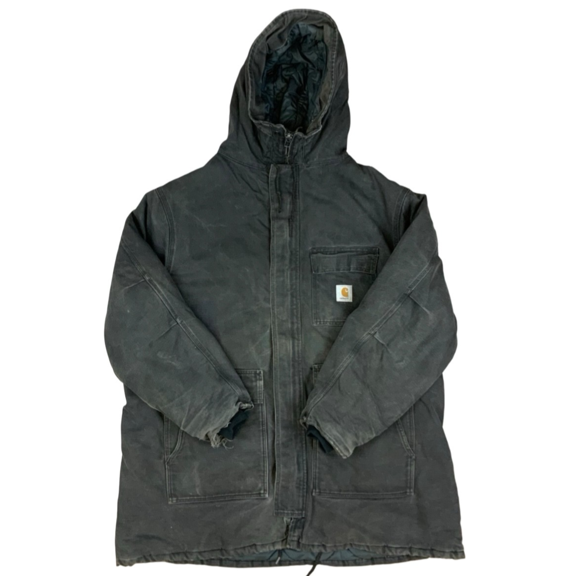 Vtg Faded Black Carhartt Heavy Duck Canvas Hooded Workwear Jacket Distressed 3XL