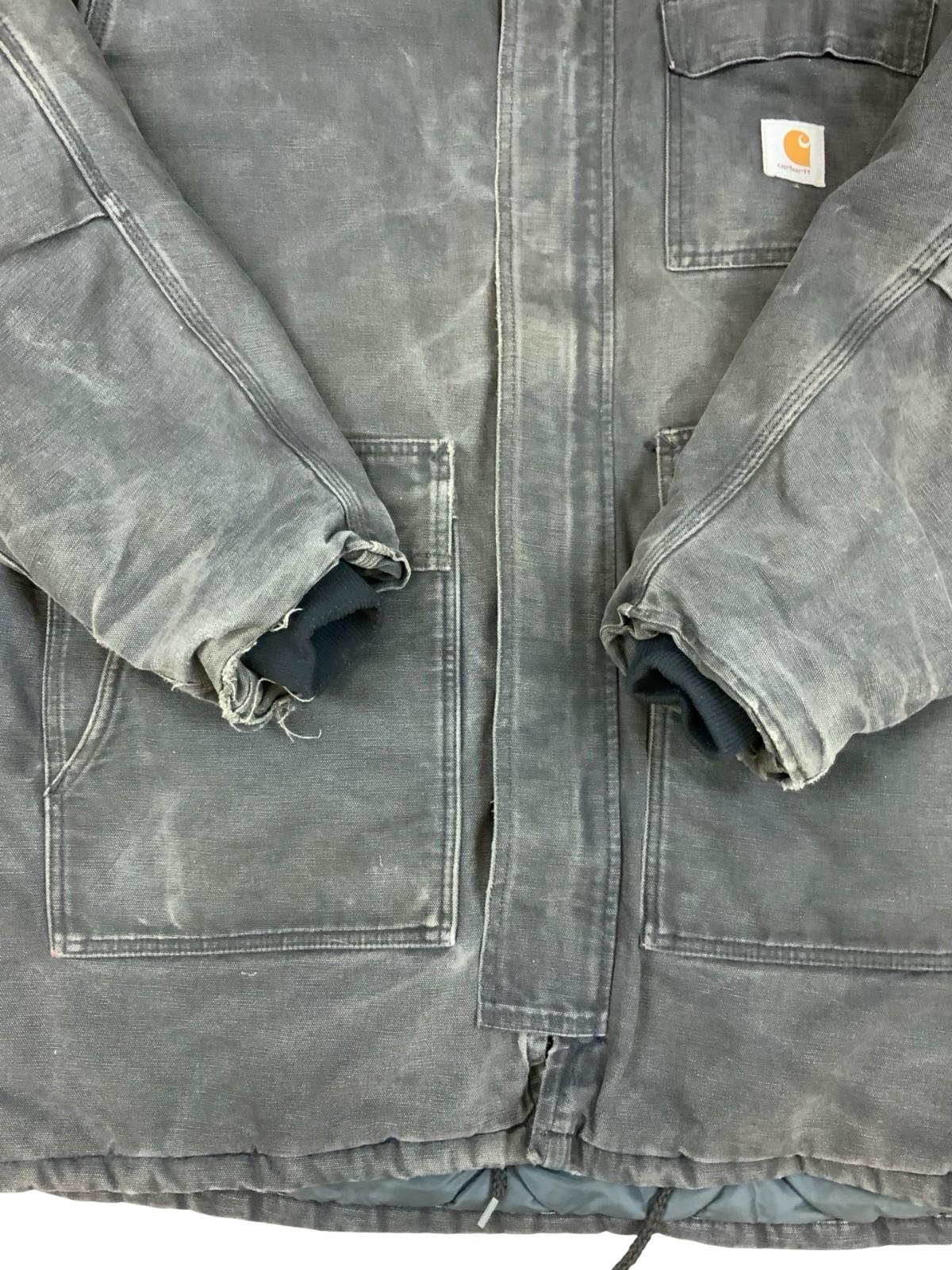 Vtg Faded Black Carhartt Heavy Duck Canvas Hooded Workwear Jacket Distressed 3XL