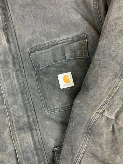 Vtg Faded Black Carhartt Heavy Duck Canvas Hooded Workwear Jacket Distressed 3XL