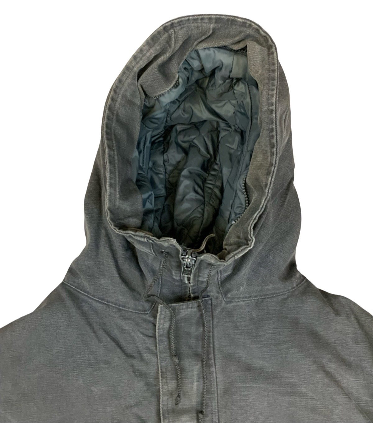 Vtg Faded Black Carhartt Heavy Duck Canvas Hooded Workwear Jacket Distressed 3XL