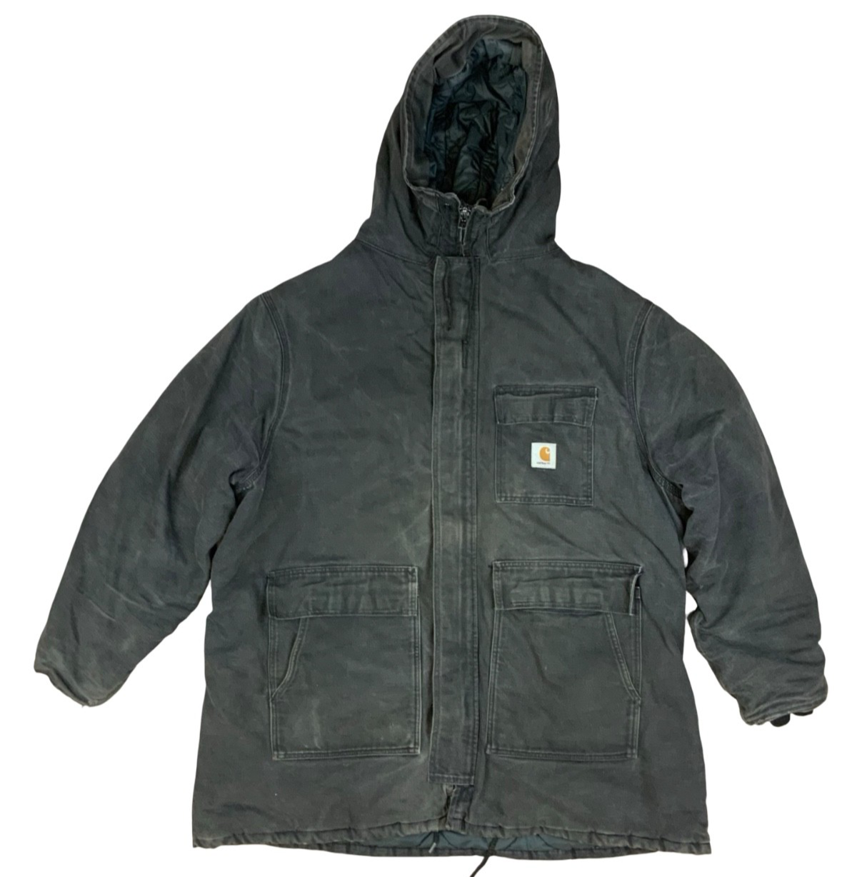 Vtg Faded Black Carhartt Heavy Duck Canvas Hooded Workwear Jacket Distressed 3XL
