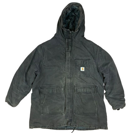 Vtg Faded Black Carhartt Heavy Duck Canvas Hooded Workwear Jacket Distressed 3XL