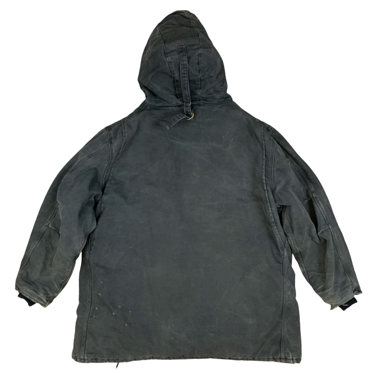 Vtg Faded Black Carhartt Heavy Duck Canvas Hooded Workwear Jacket Distressed 3XL