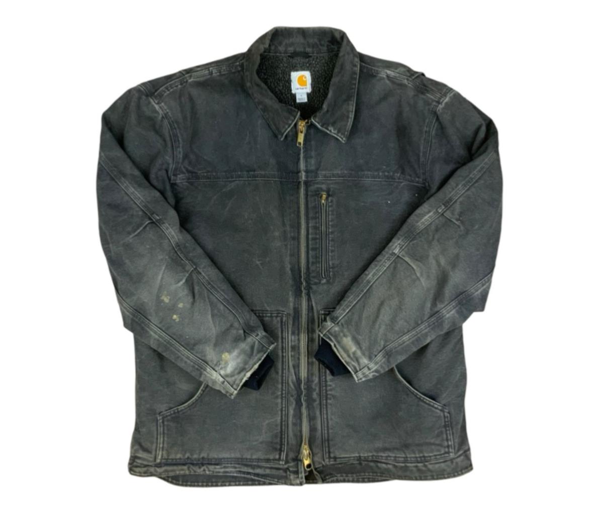 Vtg Carhartt Distressed Black Heavy Duck Canvas Workwear Jacket Fleece Lined XL