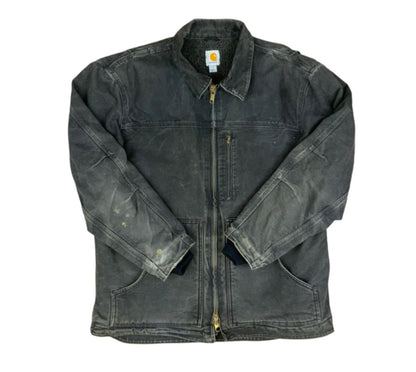 Vtg Carhartt Distressed Black Heavy Duck Canvas Workwear Jacket Fleece Lined XL