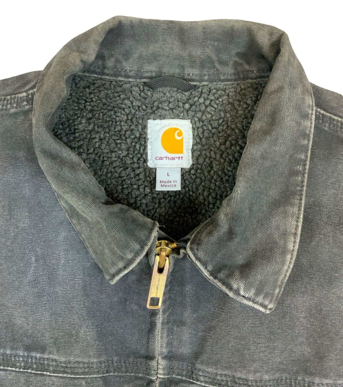 Vtg Carhartt Distressed Black Heavy Duck Canvas Workwear Jacket Fleece Lined XL